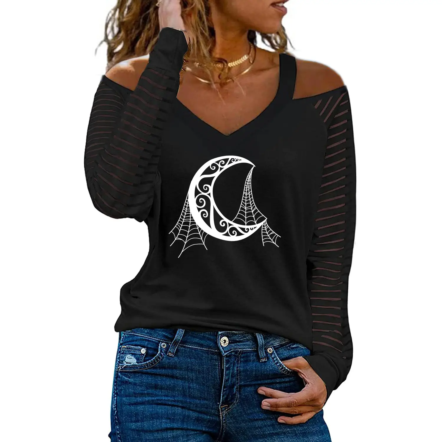 Women Off-Shoulder Love Heart Butterfly Print V-Neck T-Shirt - Image 21
