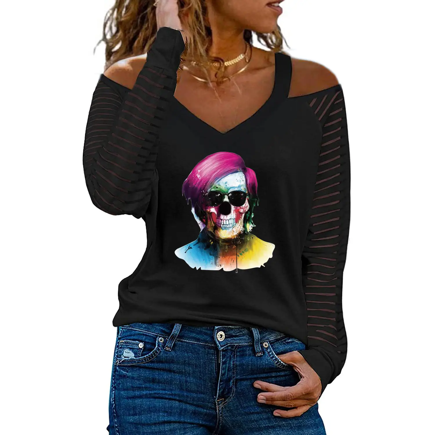 Women Off-Shoulder Love Heart Butterfly Print V-Neck T-Shirt - Image 22