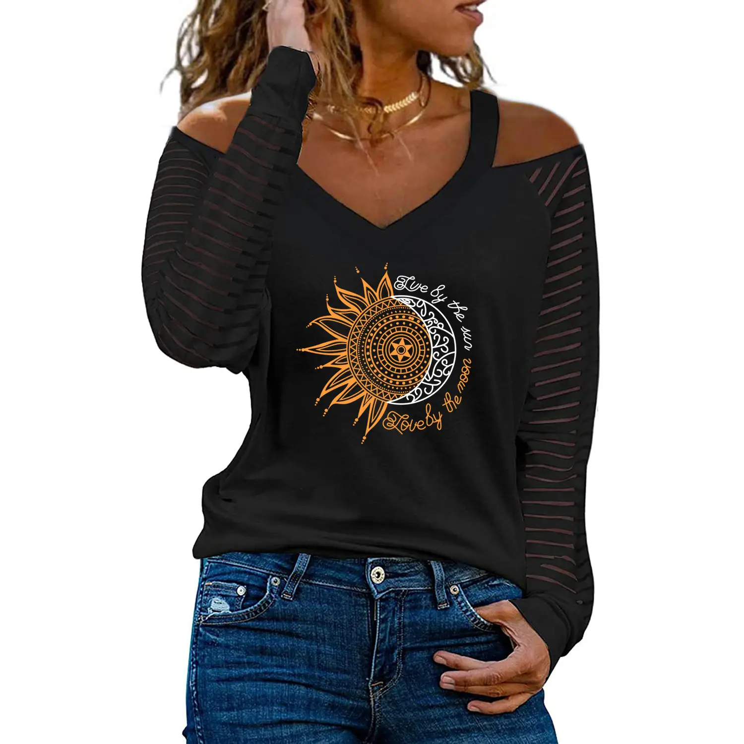 Women Off-Shoulder Love Heart Butterfly Print V-Neck T-Shirt - Image 25