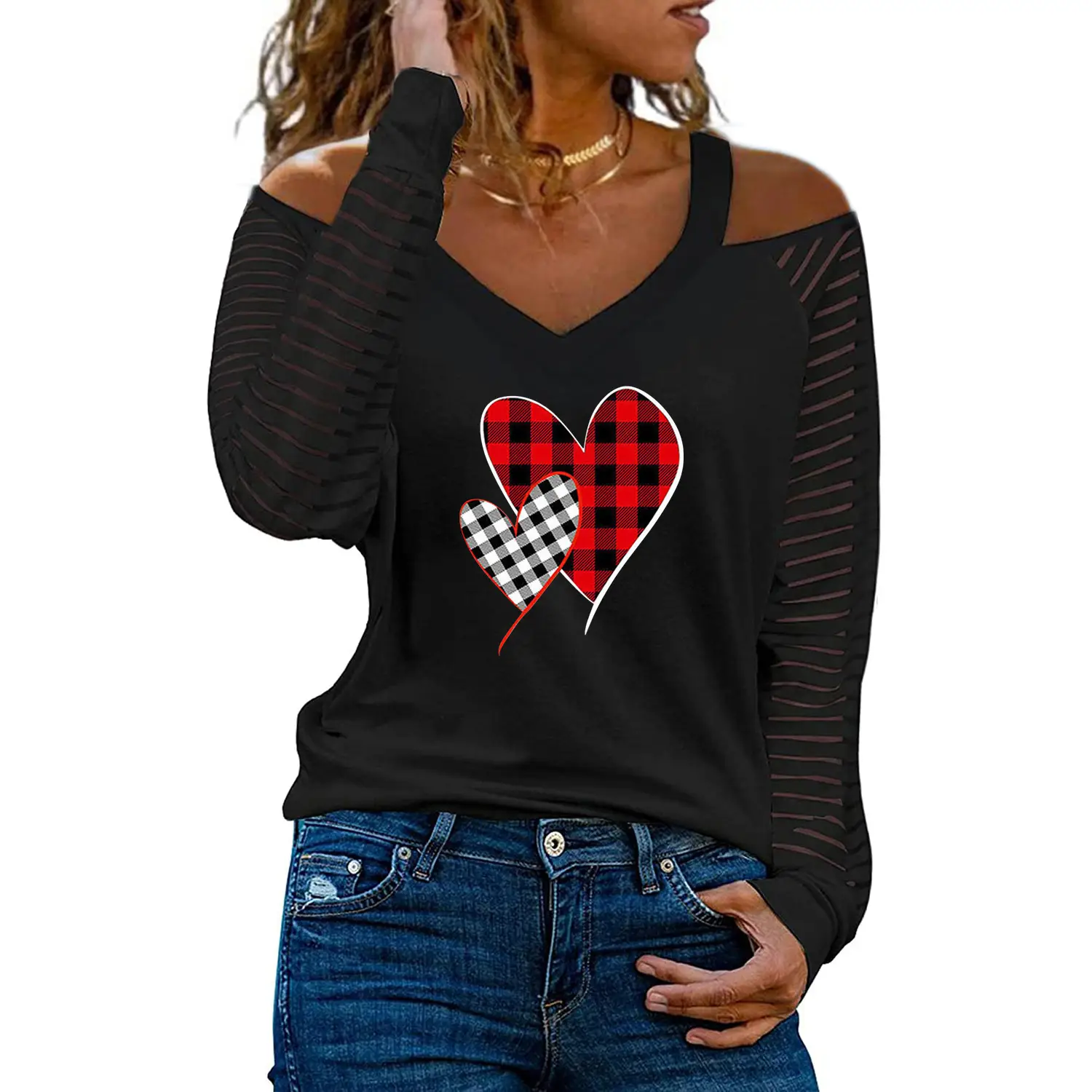 Women Off-Shoulder Love Heart Butterfly Print V-Neck T-Shirt - Image 31