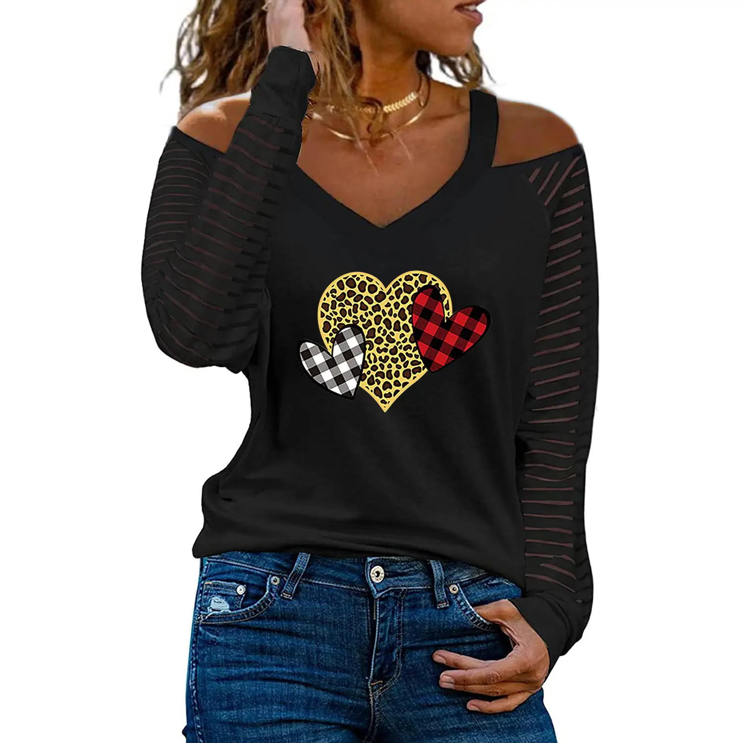 Women Off-Shoulder Love Heart Butterfly Print V-Neck T-Shirt - Image 33