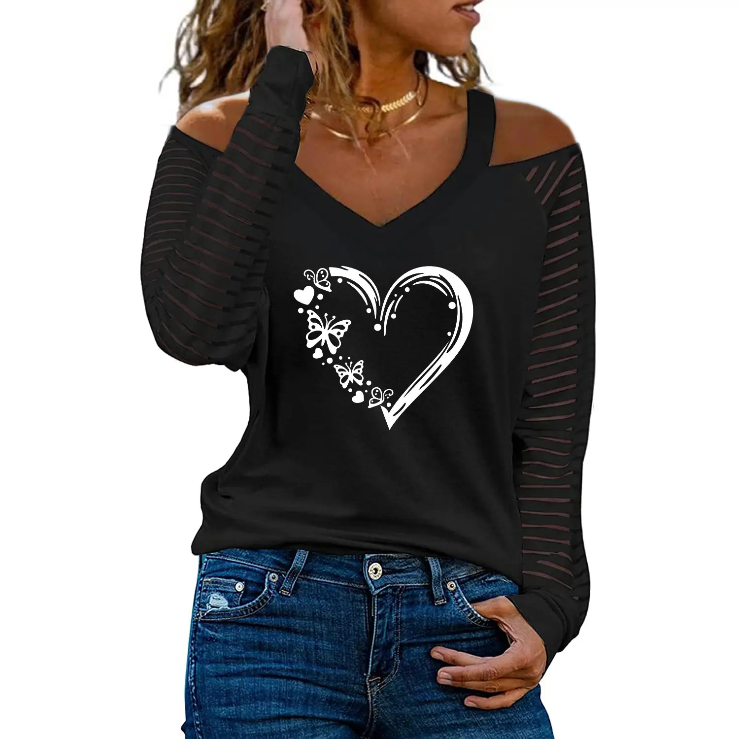 Women Off-Shoulder Love Heart Butterfly Print V-Neck T-Shirt - Image 35