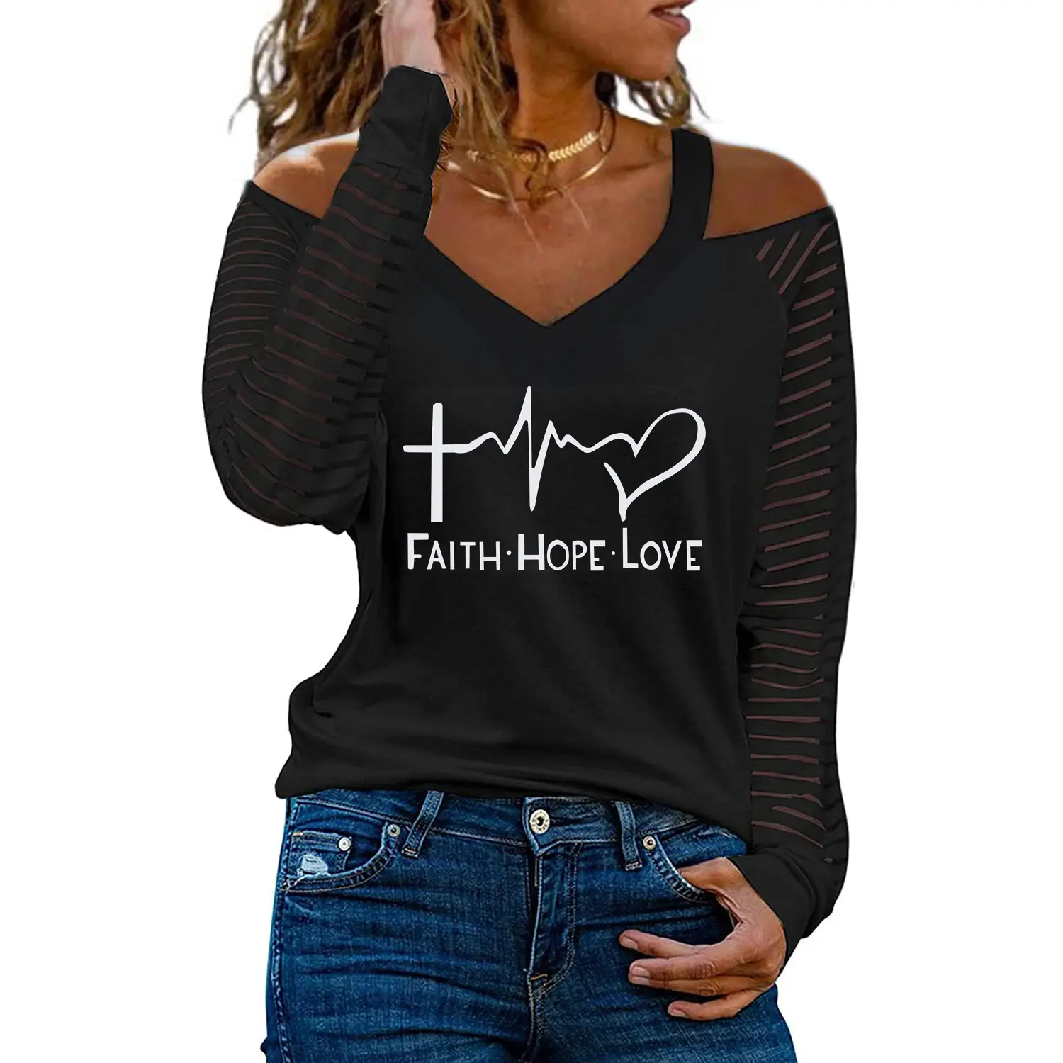 Women Off-Shoulder Love Heart Butterfly Print V-Neck T-Shirt - Image 4