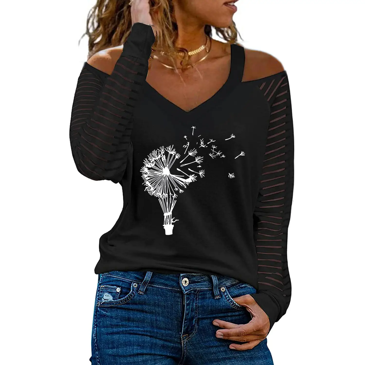 Women Off-Shoulder Love Heart Butterfly Print V-Neck T-Shirt - Image 7