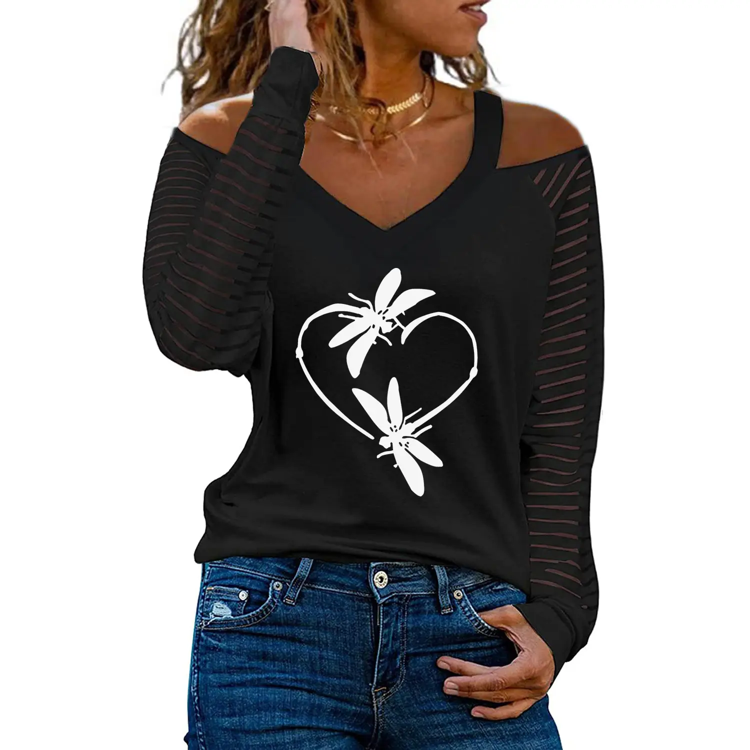 Women Off-Shoulder Love Heart Butterfly Print V-Neck T-Shirt - Image 8