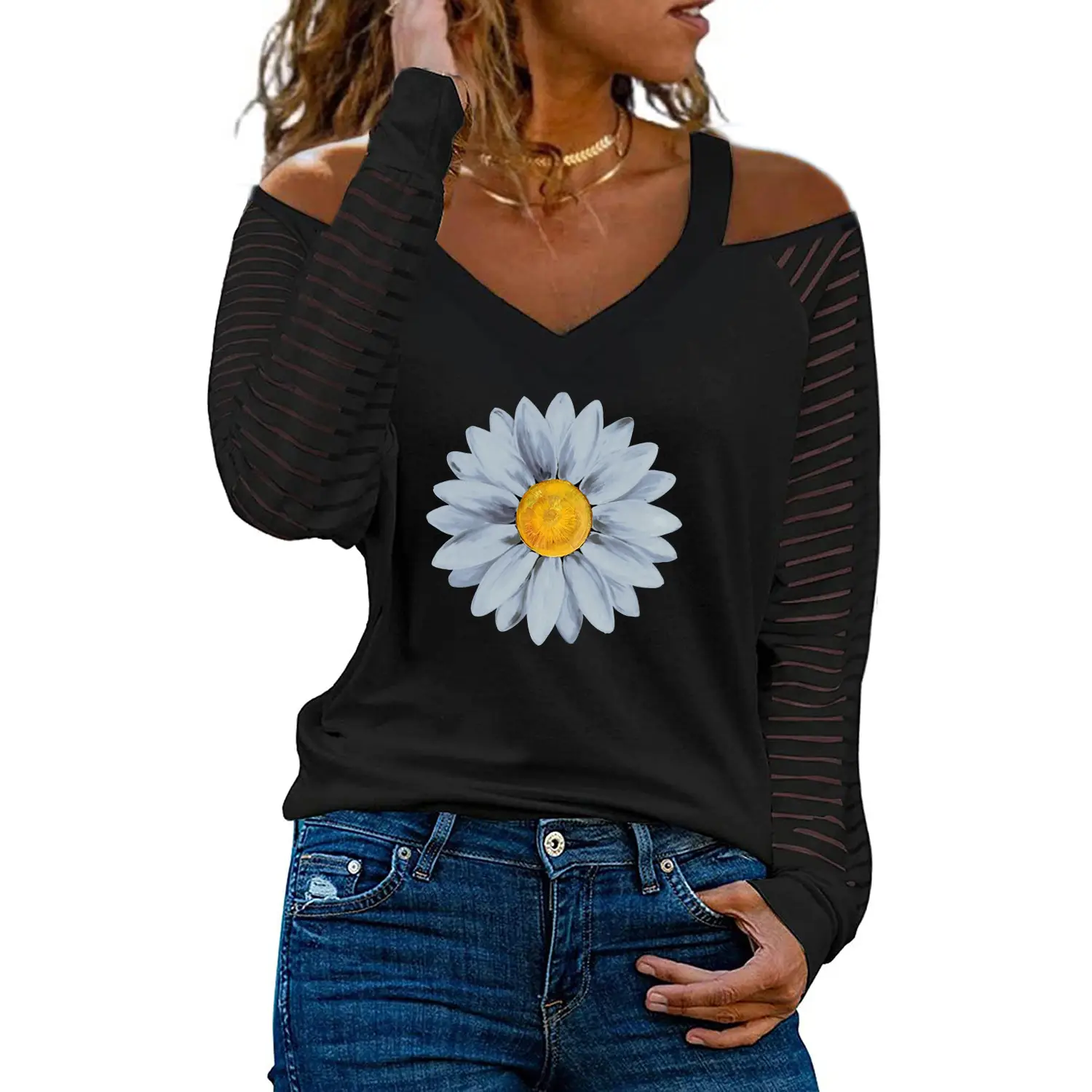 Women Off-Shoulder Love Heart Butterfly Print V-Neck T-Shirt - Image 9