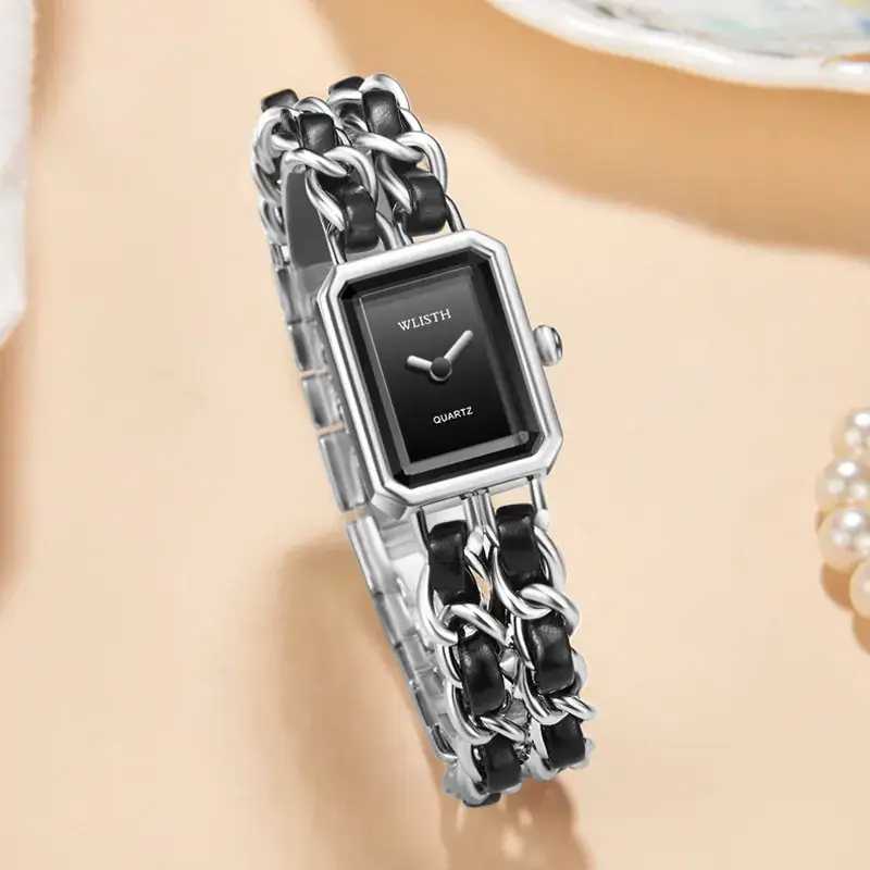 Women's Black Gold Square Quartz Watch with Woven Band