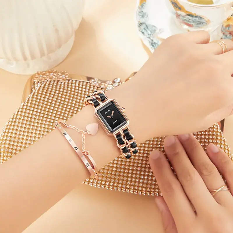 Women's Black Gold Square Quartz Watch with Woven Band