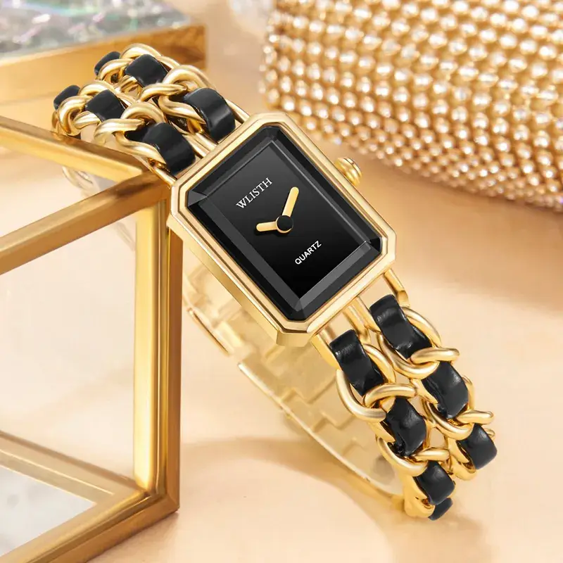 Women's Black Gold Square Quartz Watch with Woven Band