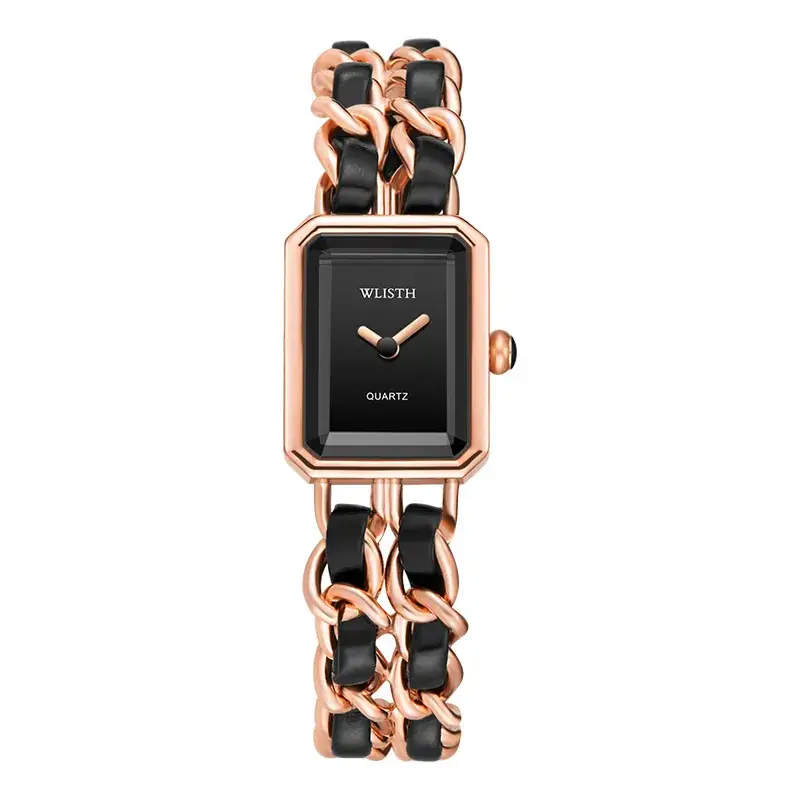Women's Black Gold Square Quartz Watch with Woven Band