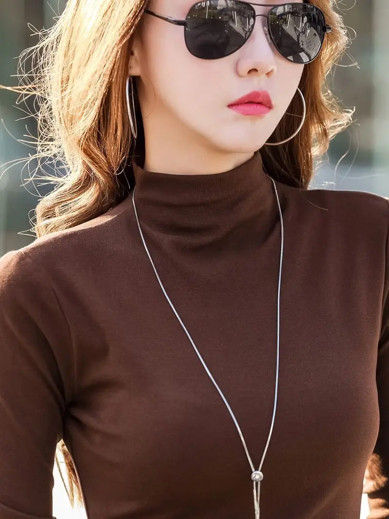 Women Brown Turtleneck Long Sleeve T-Shirt Mid Collar - Image 16