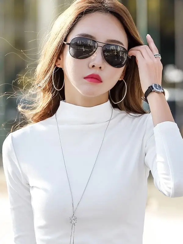 Women Brown Turtleneck Long Sleeve T-Shirt Mid Collar - Image 18