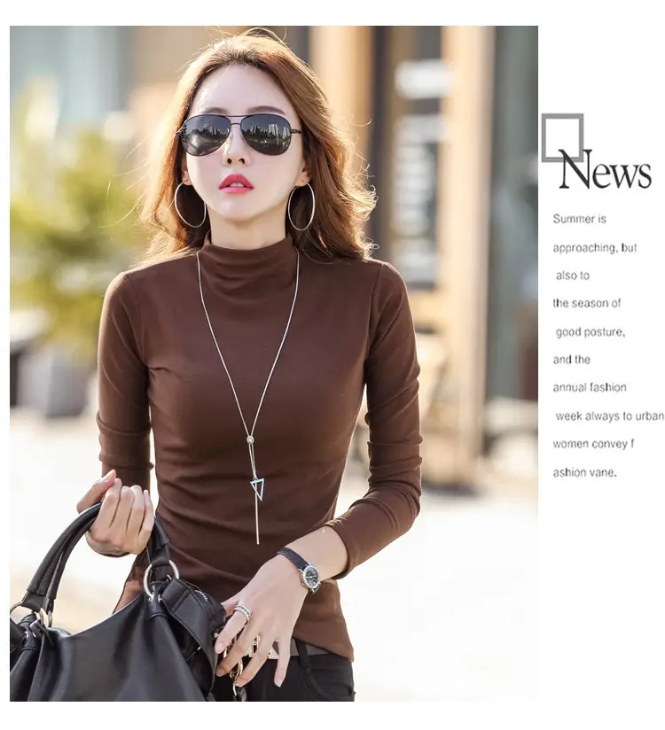 Women Brown Turtleneck Long Sleeve T-Shirt Mid Collar — feature 10