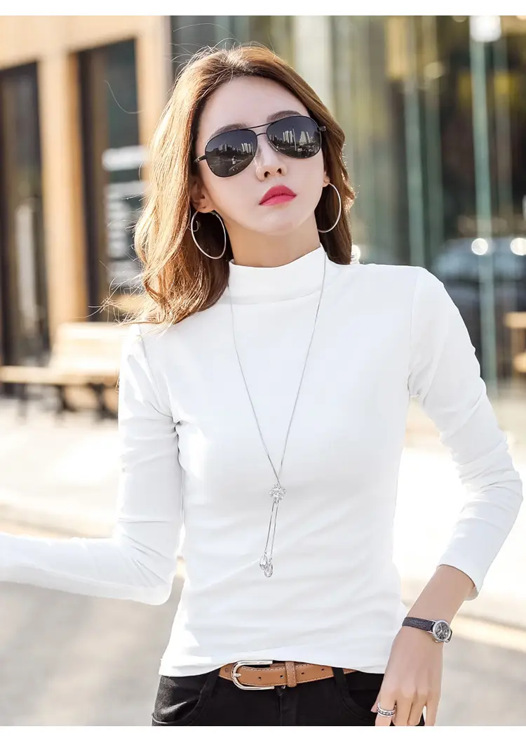 Women Brown Turtleneck Long Sleeve T-Shirt Mid Collar — feature 13