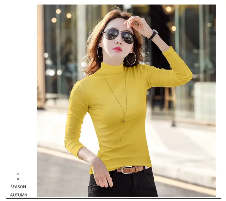 Women Brown Turtleneck Long Sleeve T-Shirt Mid Collar — feature 16