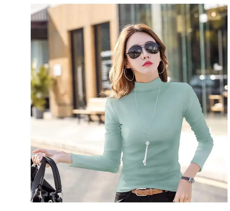 Women Brown Turtleneck Long Sleeve T-Shirt Mid Collar — feature 17