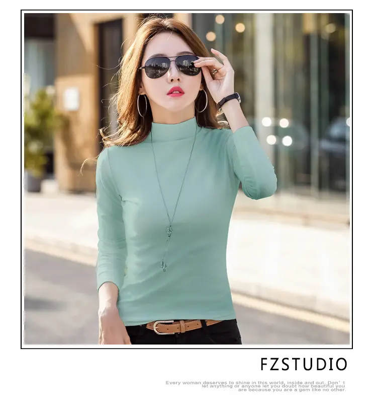 Women Brown Turtleneck Long Sleeve T-Shirt Mid Collar — feature 18