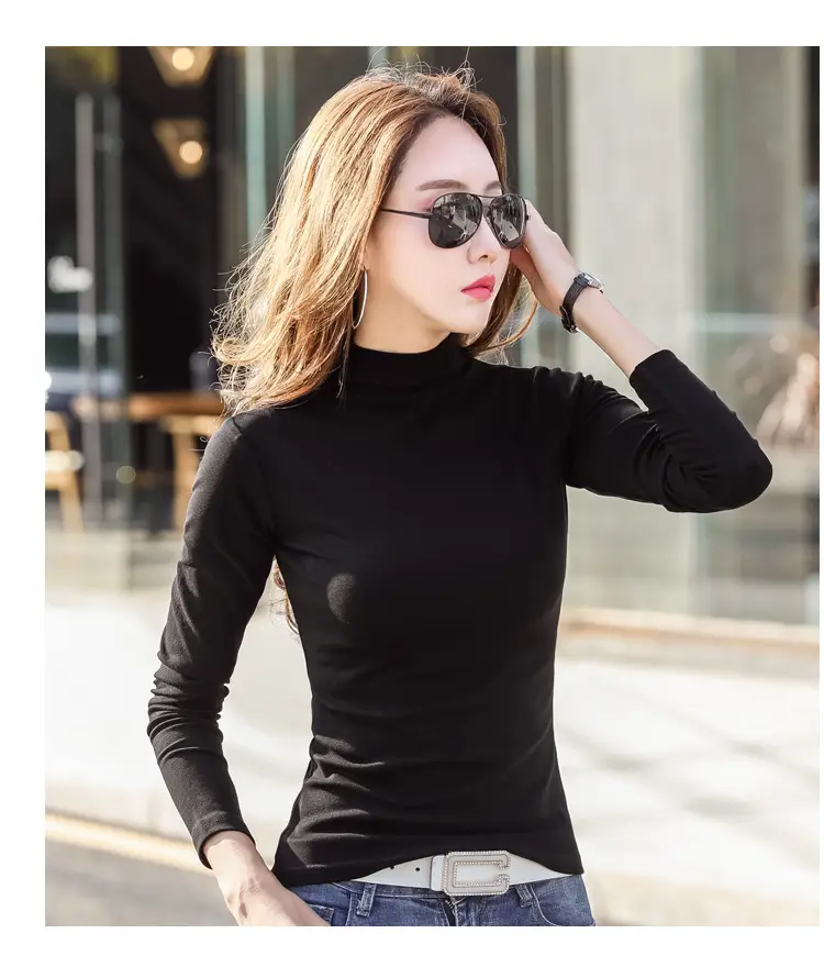 Women Brown Turtleneck Long Sleeve T-Shirt Mid Collar — feature 19