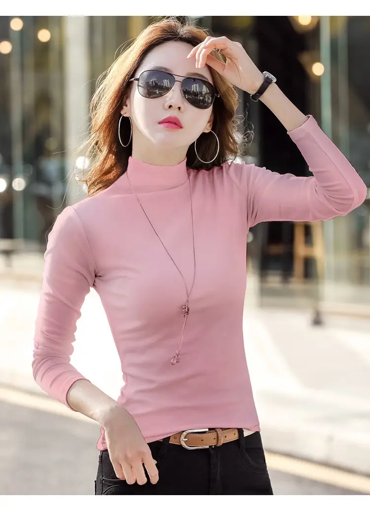 Women Brown Turtleneck Long Sleeve T-Shirt Mid Collar — feature 21