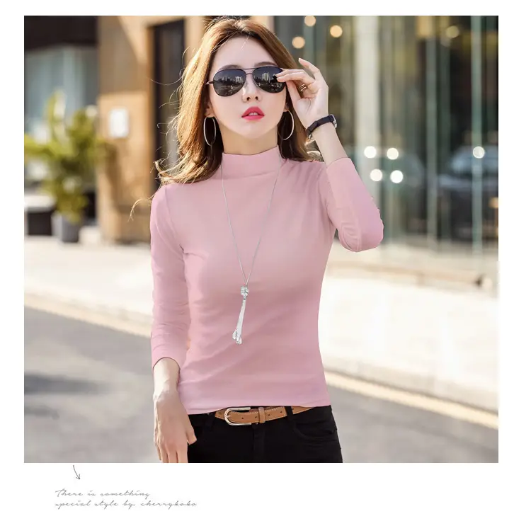 Women Brown Turtleneck Long Sleeve T-Shirt Mid Collar — feature 22