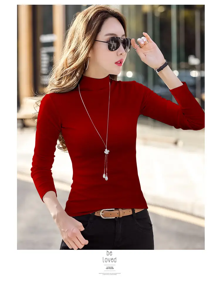 Women Brown Turtleneck Long Sleeve T-Shirt Mid Collar — feature 23