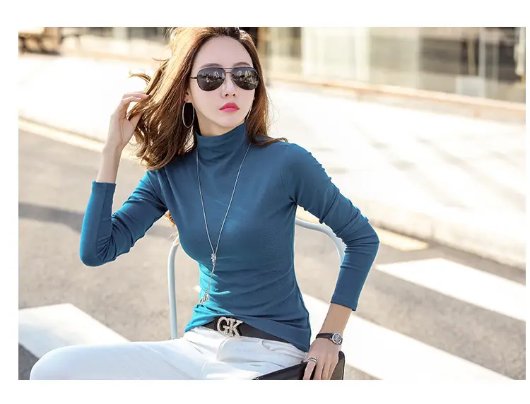 Women Brown Turtleneck Long Sleeve T-Shirt Mid Collar — feature 24