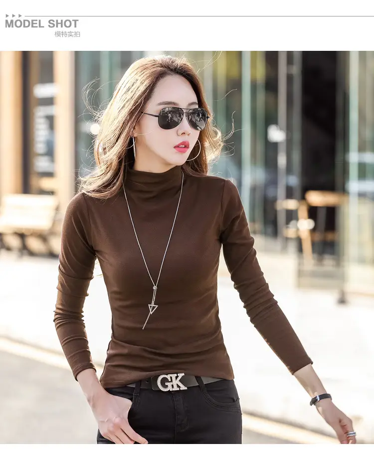Women Brown Turtleneck Long Sleeve T-Shirt Mid Collar — feature 3
