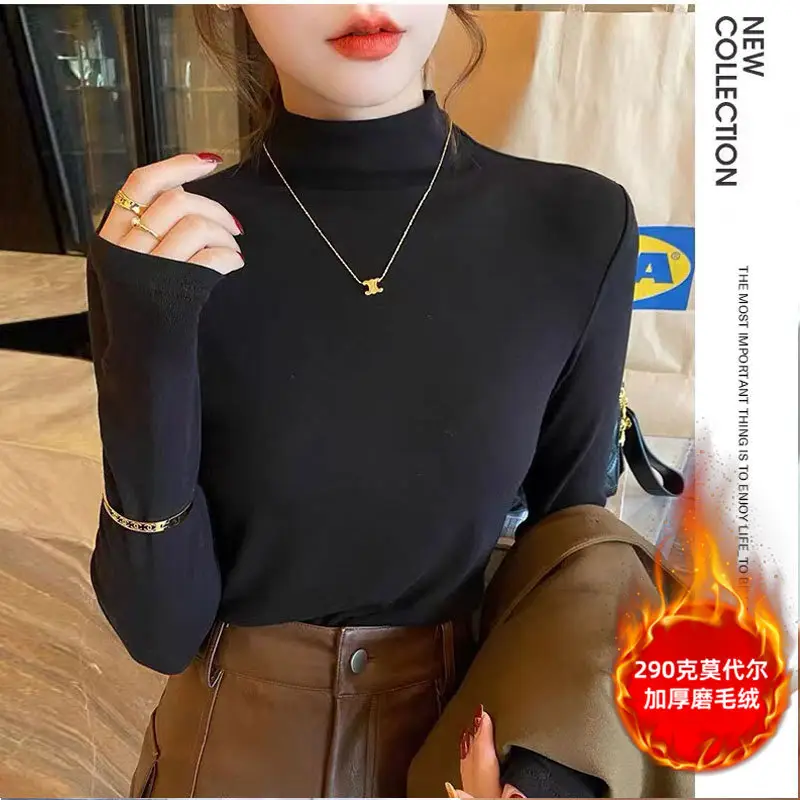 Women Brown Turtleneck Long Sleeve T-Shirt Mid Collar - Image 10
