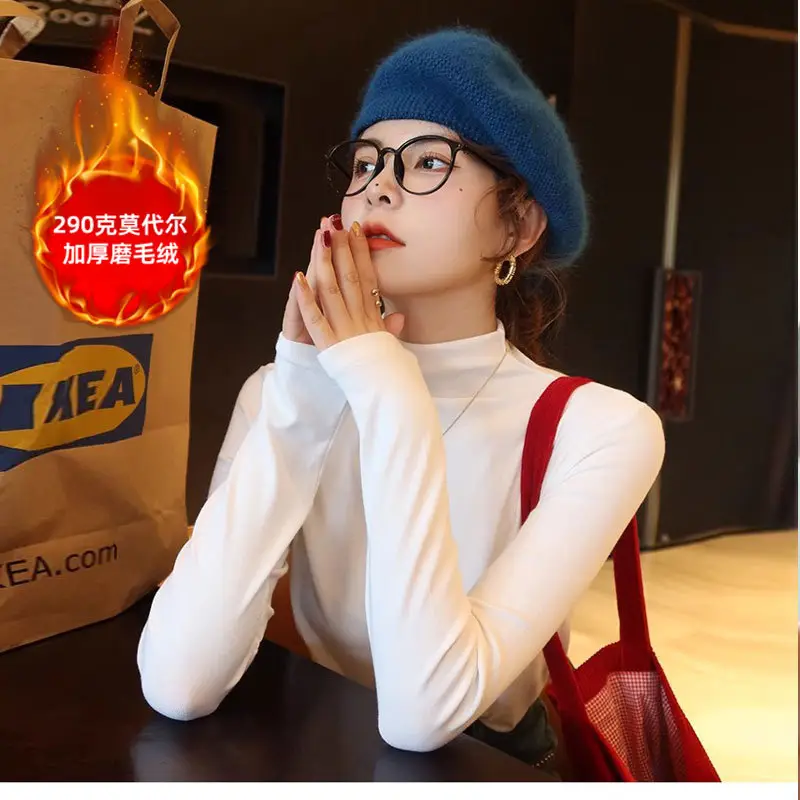 Women Brown Turtleneck Long Sleeve T-Shirt Mid Collar - Image 11