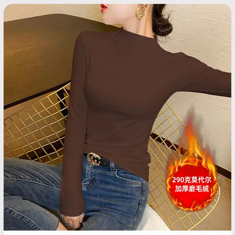 Women Brown Turtleneck Long Sleeve T-Shirt Mid Collar - Image 12