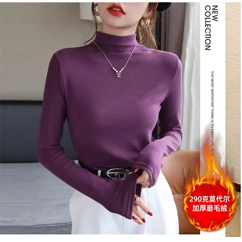 Women Brown Turtleneck Long Sleeve T-Shirt Mid Collar - Image 13
