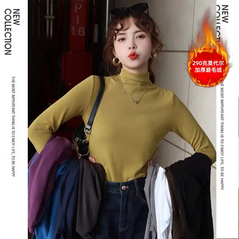 Women Brown Turtleneck Long Sleeve T-Shirt Mid Collar - Image 14