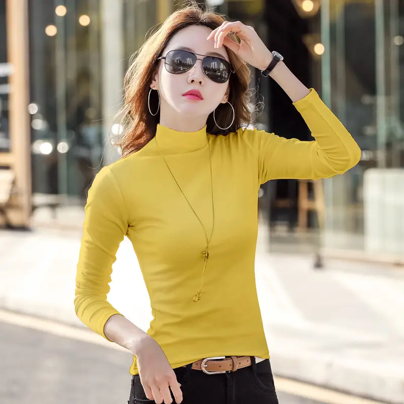 Women Brown Turtleneck Long Sleeve T-Shirt Mid Collar - Image 5
