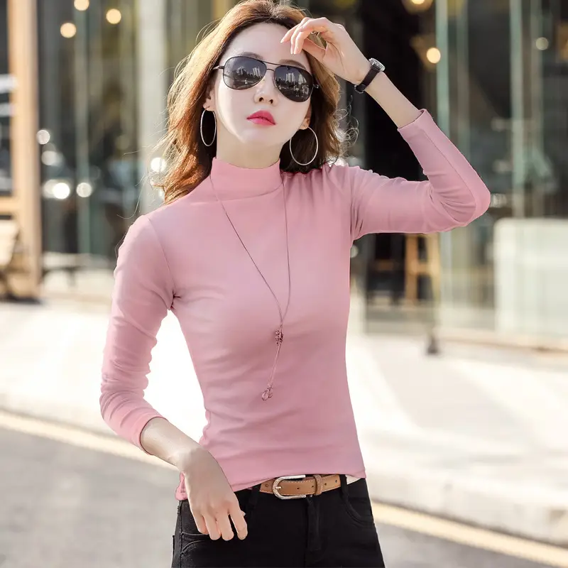 Women Brown Turtleneck Long Sleeve T-Shirt Mid Collar - Image 6