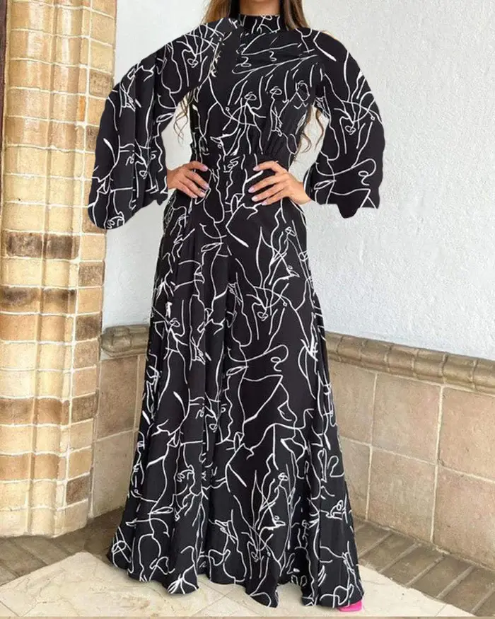2022 Summer Printed Jumpsuit Waisted Lace-Up Long Sleeve Neck Trousers Set