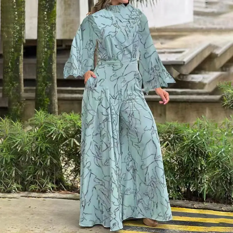 2022 Summer Printed Jumpsuit Waisted Lace-Up Long Sleeve Neck Trousers Set