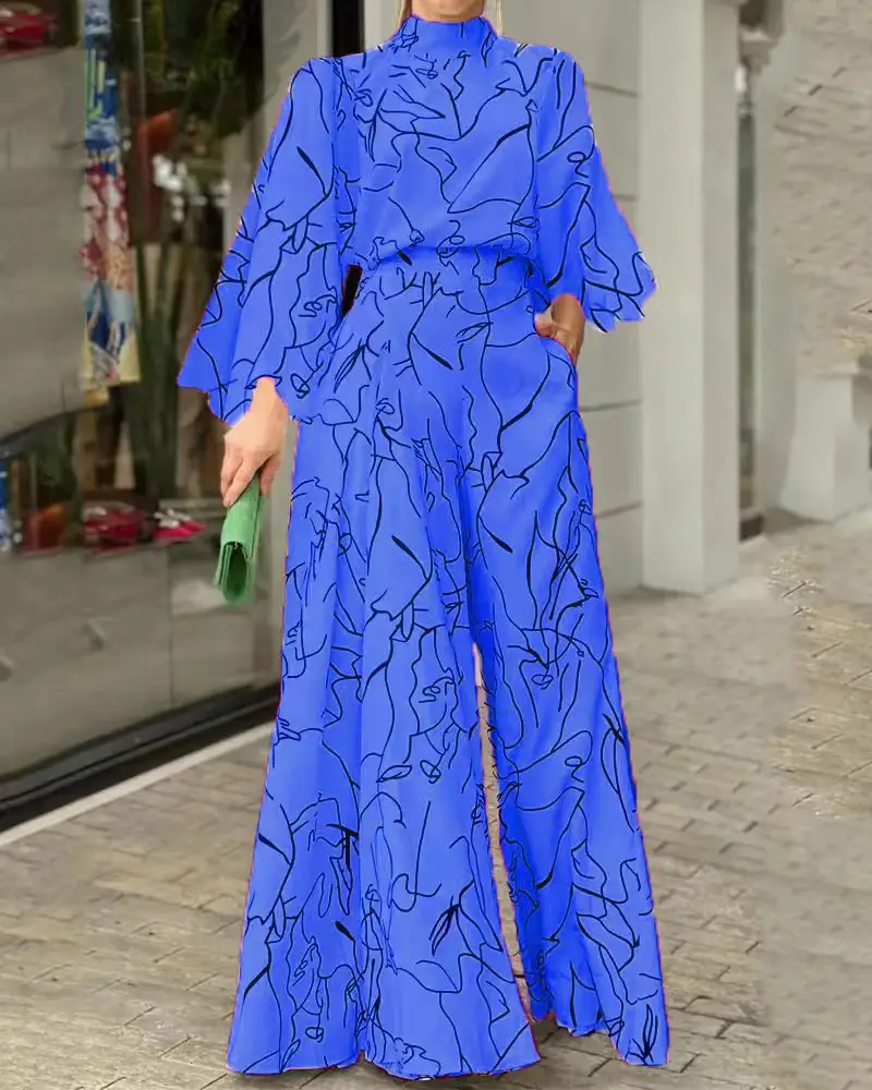 2022 Summer Printed Jumpsuit Waisted Lace-Up Long Sleeve Neck Trousers Set