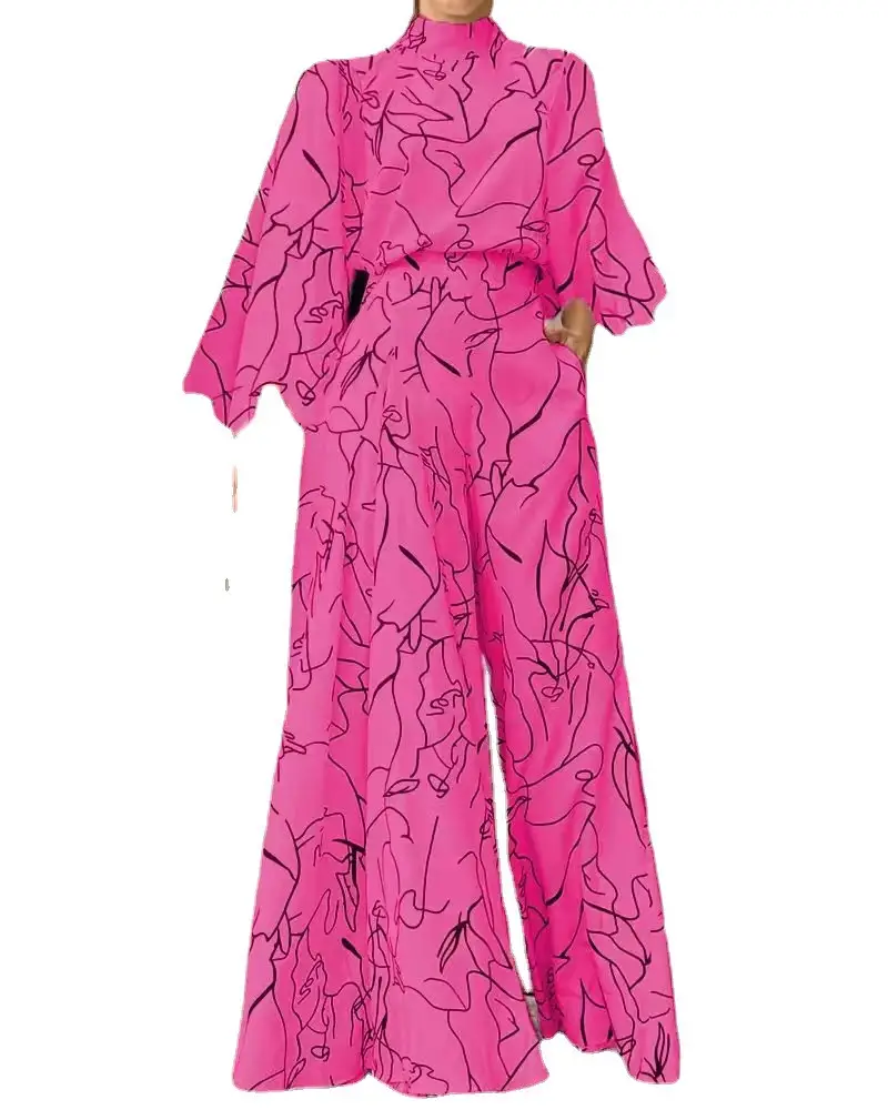 2022 Summer Printed Jumpsuit Waisted Lace-Up Long Sleeve Neck Trousers Set