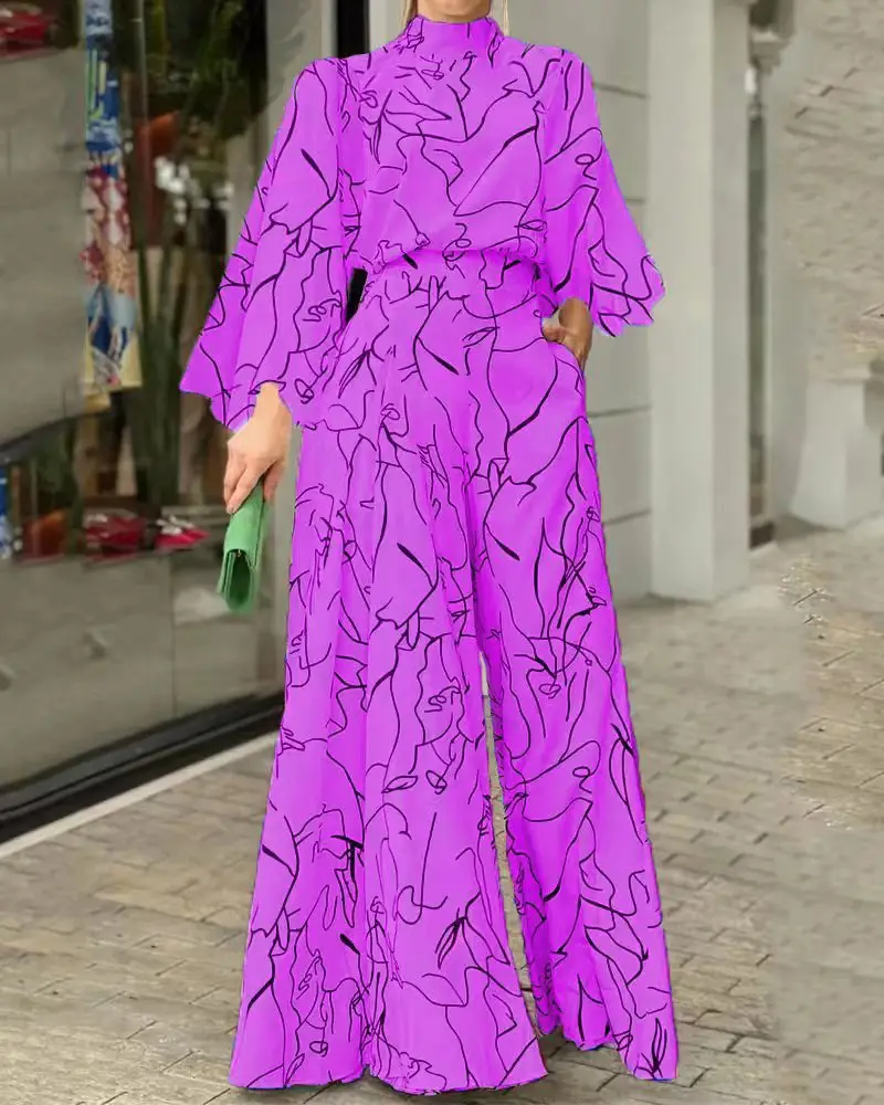 2022 Summer Printed Jumpsuit Waisted Lace-Up Long Sleeve Neck Trousers Set