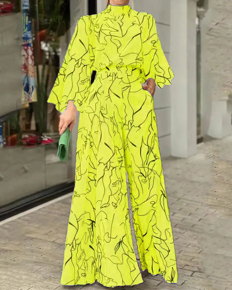 2022 Summer Printed Jumpsuit Waisted Lace-Up Long Sleeve Neck Trousers Set