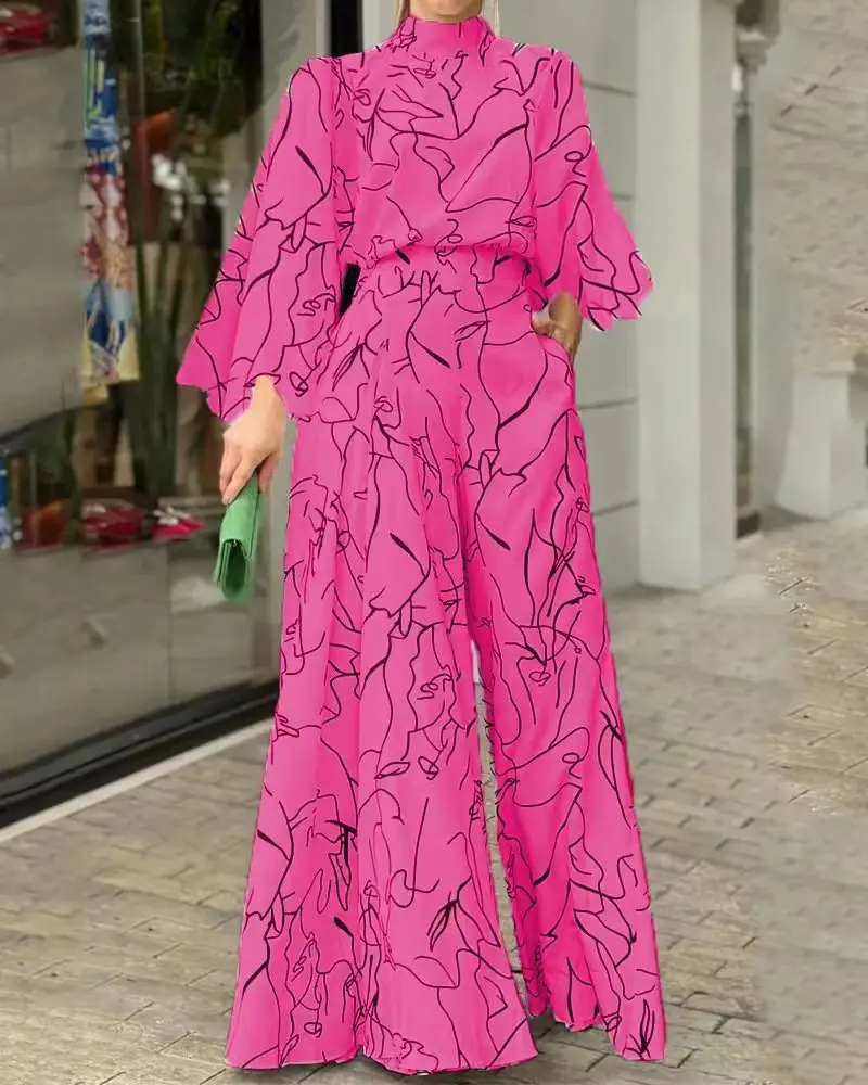 2022 Summer Printed Jumpsuit Waisted Lace-Up Long Sleeve Neck Trousers Set