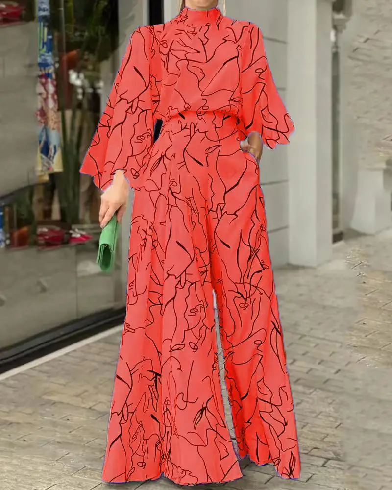 2022 Summer Printed Jumpsuit Waisted Lace-Up Long Sleeve Neck Trousers Set