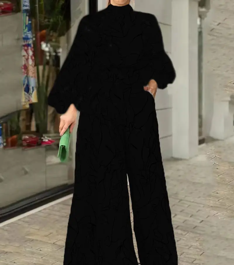 2022 Summer Printed Jumpsuit Waisted Lace-Up Long Sleeve Neck Trousers Set