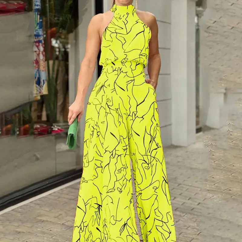 2022 Summer Printed Jumpsuit Waisted Lace-Up Long Sleeve Neck Trousers Set