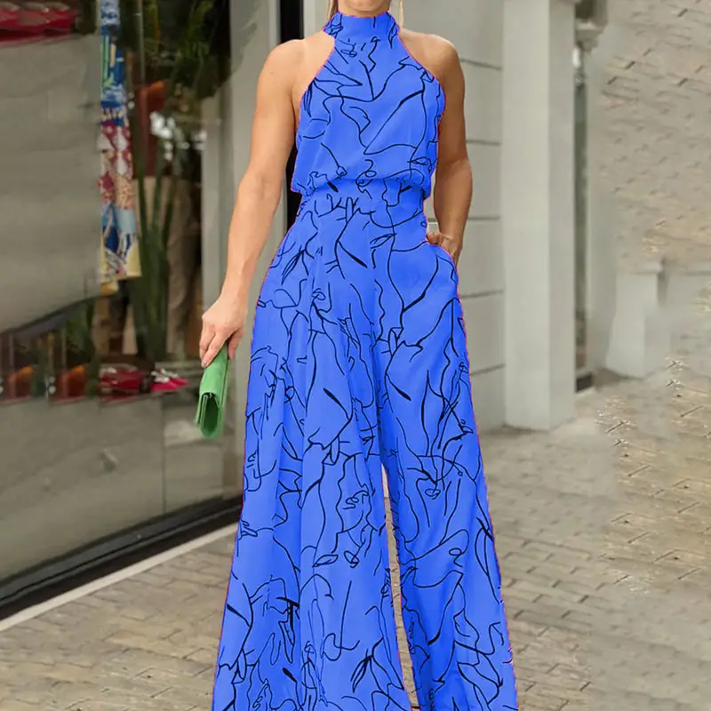 2022 Summer Printed Jumpsuit Waisted Lace-Up Long Sleeve Neck Trousers Set