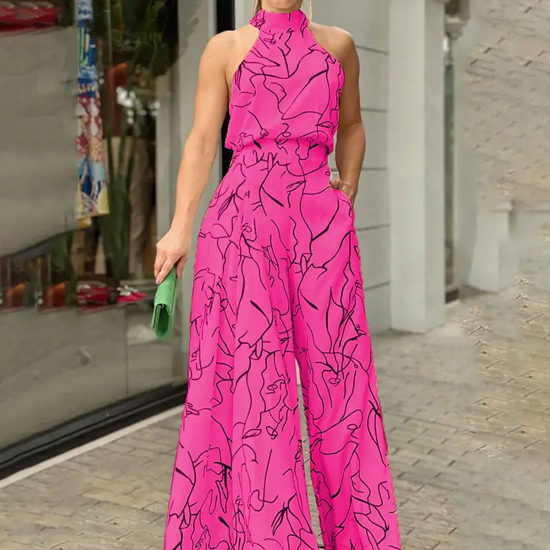 2022 Summer Printed Jumpsuit Waisted Lace-Up Long Sleeve Neck Trousers Set