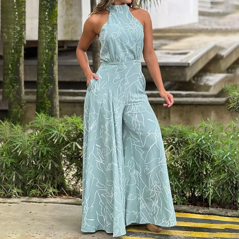 2022 Summer Printed Jumpsuit Waisted Lace-Up Long Sleeve Neck Trousers Set