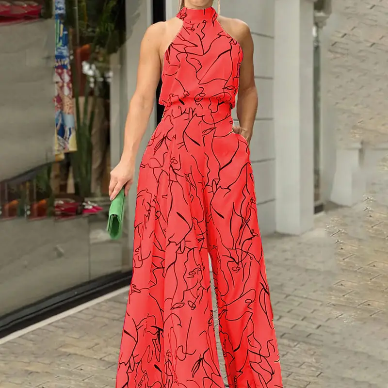 2022 Summer Printed Jumpsuit Waisted Lace-Up Long Sleeve Neck Trousers Set