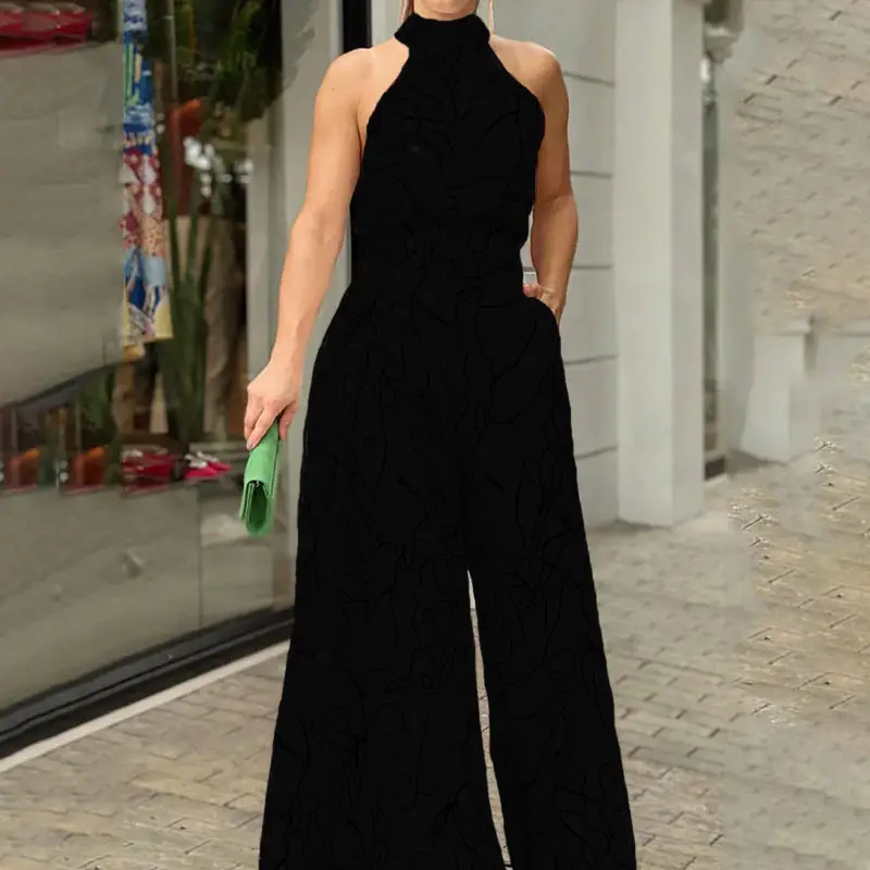 2022 Summer Printed Jumpsuit Waisted Lace-Up Long Sleeve Neck Trousers Set