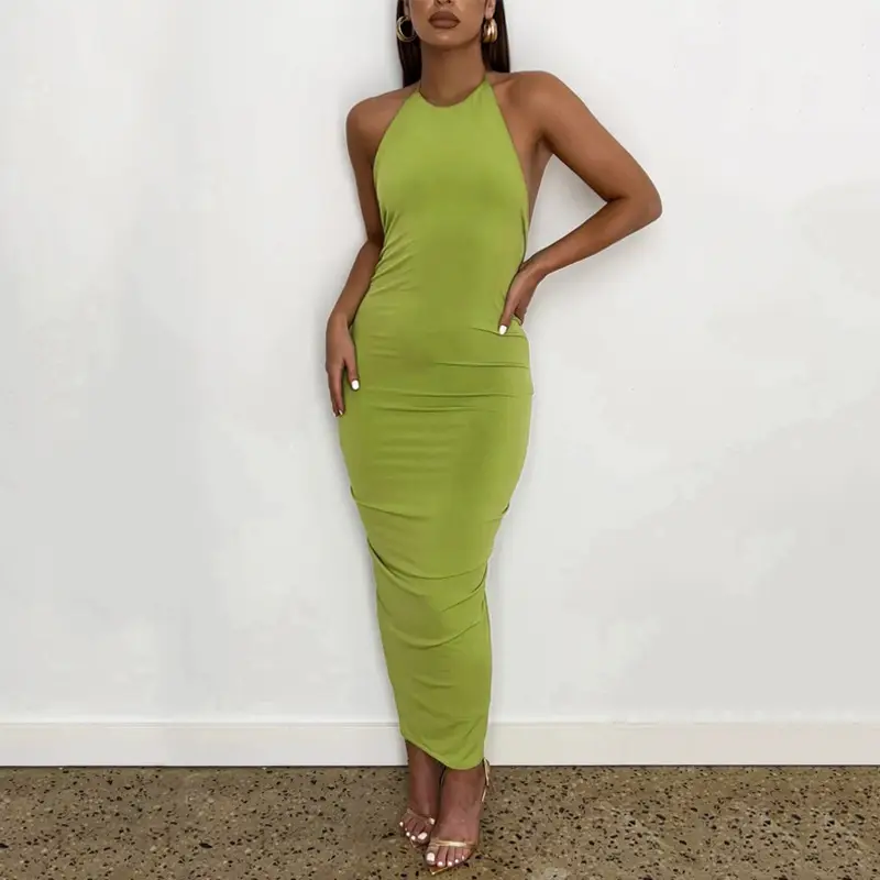 Green Slim Backless Lace-Up Dress for Women - Image 6